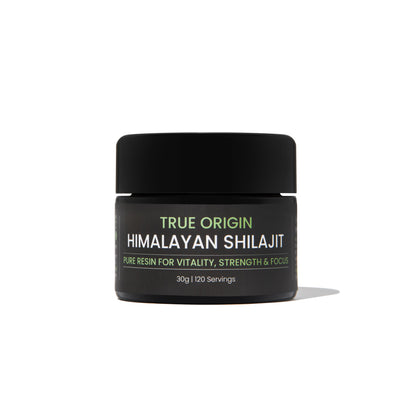 Larger True Origin pure Himalayan shilajit resin jar on white background