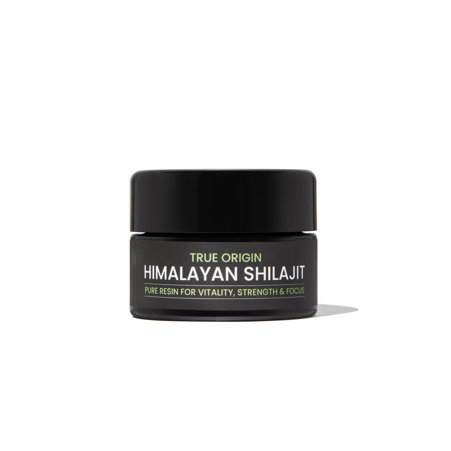 True Origin pure Himalayan shilajit resin jar on white background