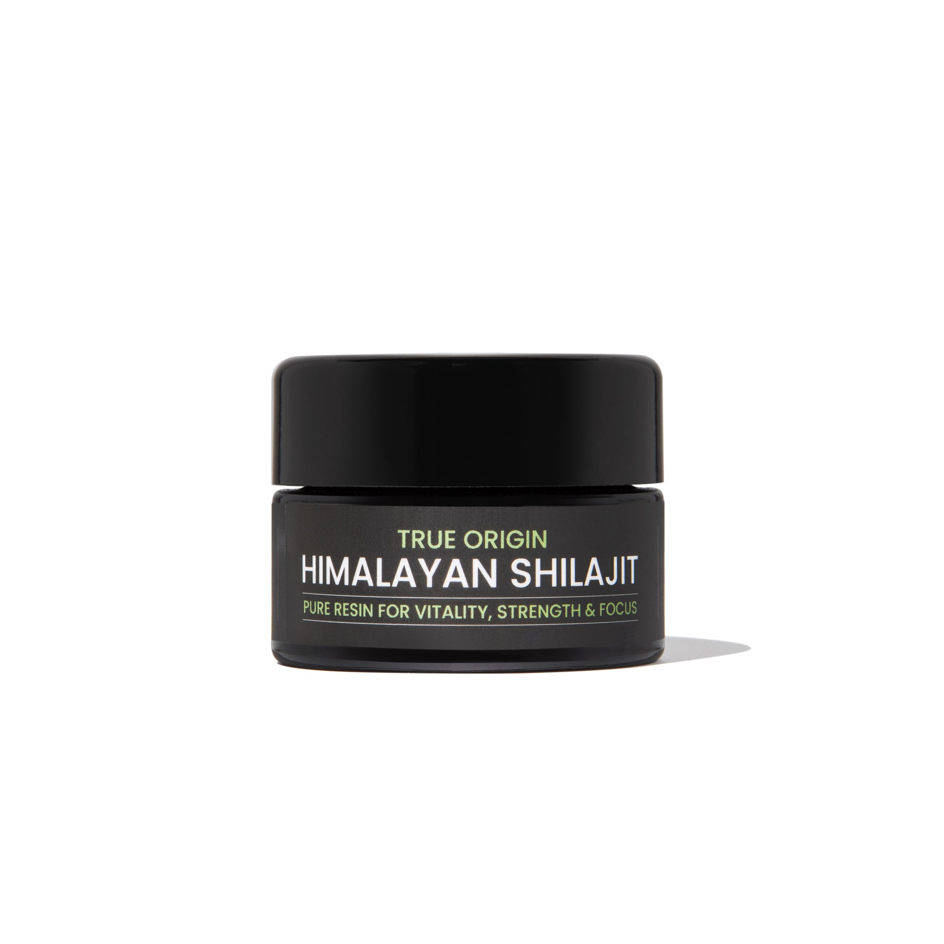 True Origin pure Himalayan shilajit resin jar on white background